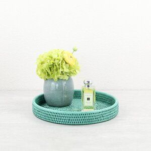 NEW Eco Handcraft Small Round Tight Woven Rattan Tray-Turquoise